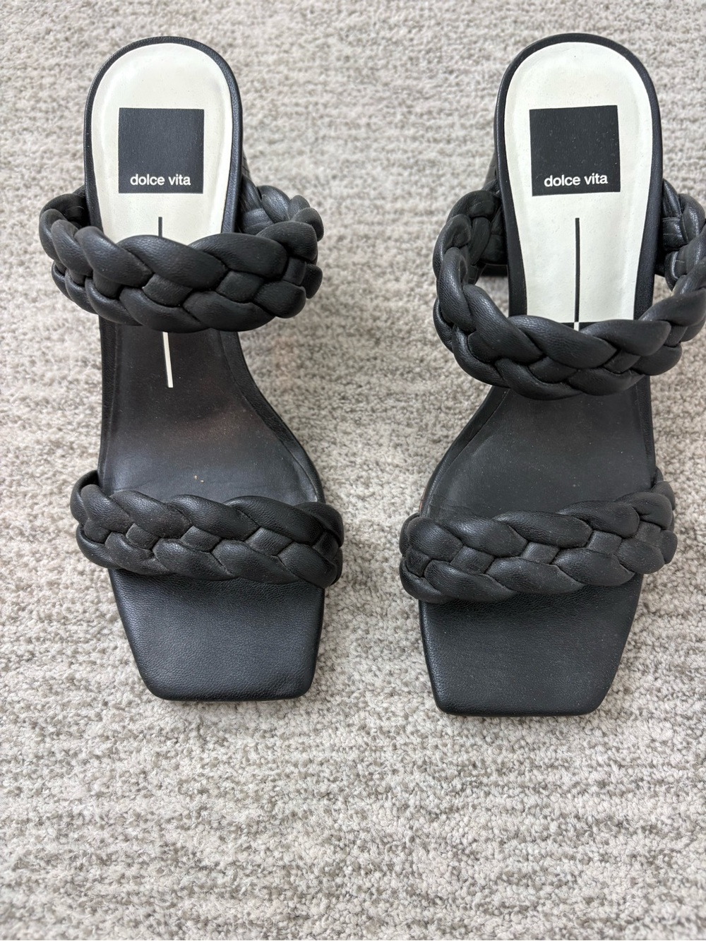 Dolce Vita Black Braided Double-Strap Square-Toe Slide Heels